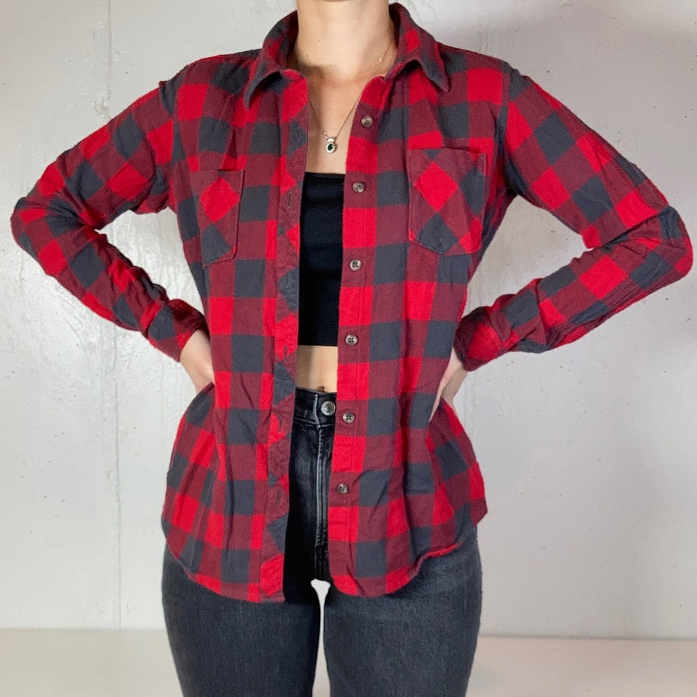 Red + Gray Buffalo Check Plaid Long Sleeve Flannel Collared Shirt - Picture 5 of 9